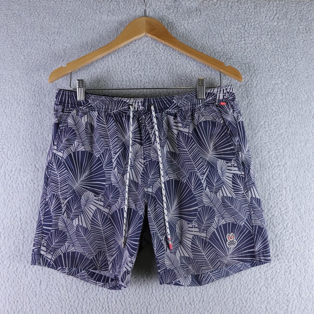 Psycho Bunny Mens‎ Swim Trunks Navy Blue Grey Palm Leaf Print Size Medium